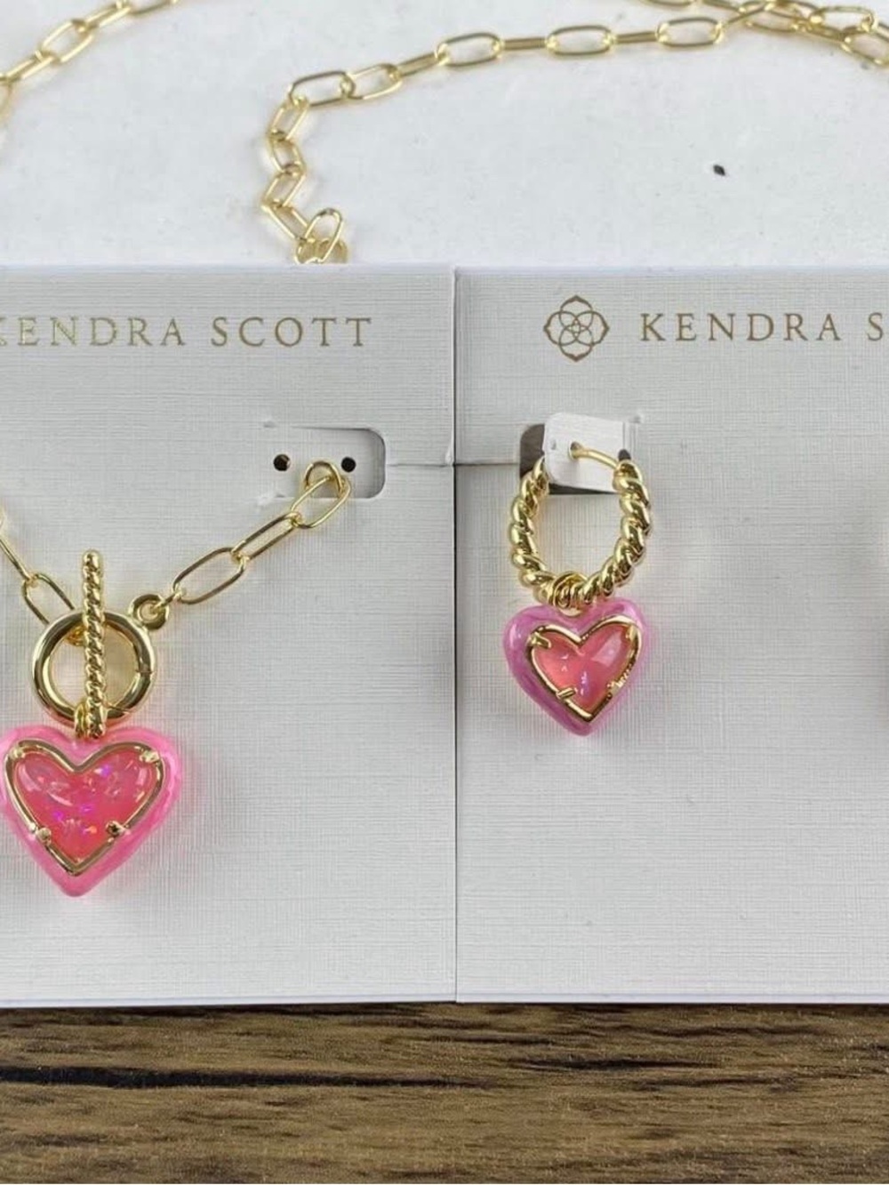 Kendra Scott Pink Heart Charm Gold Toggle Necklace & Hoop Earring Set